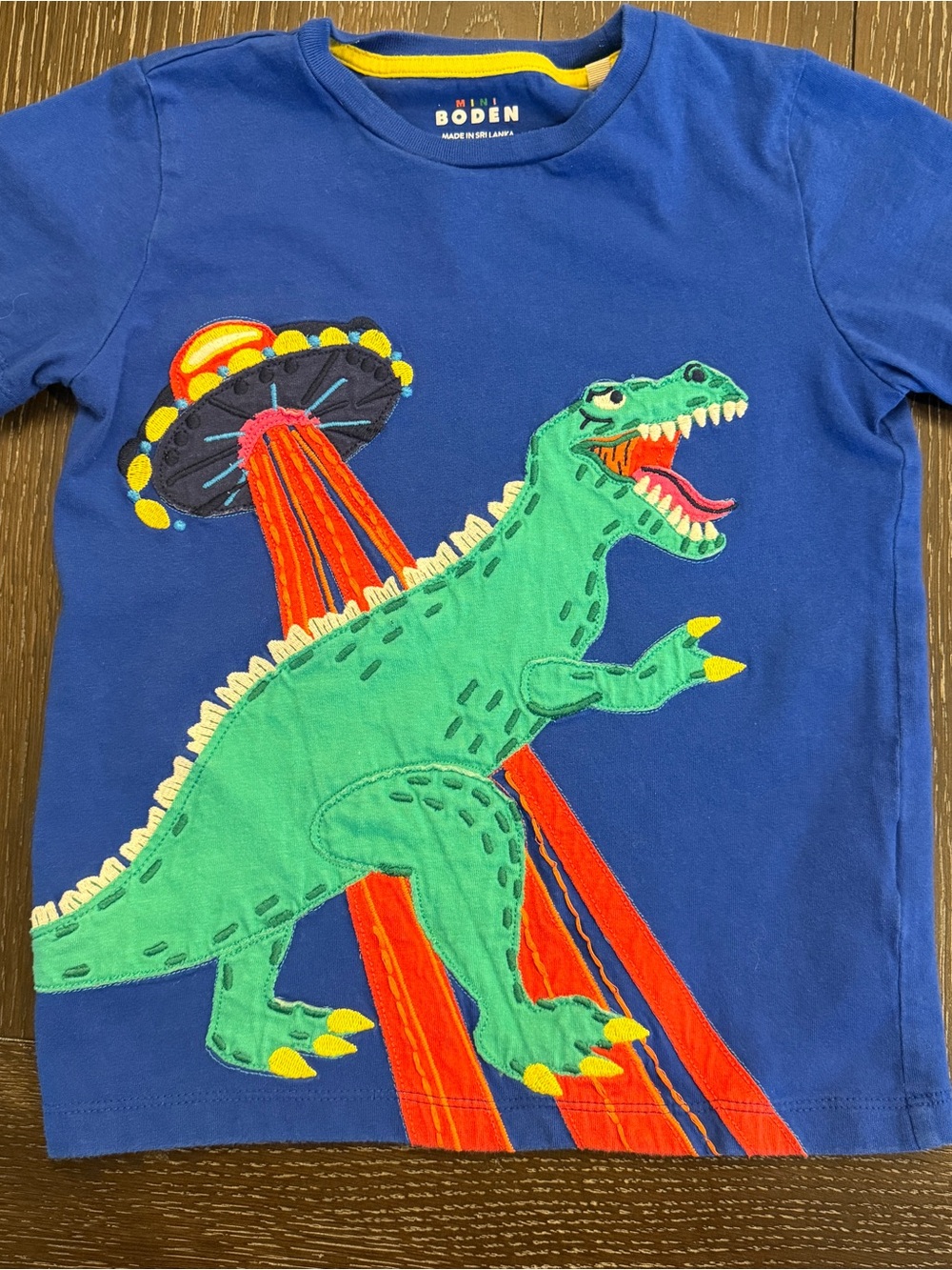 Mini Boden Boy’s 6-7 Short Sleeve Blue Dinosaur UFO Appliqué T-shirt Cotton